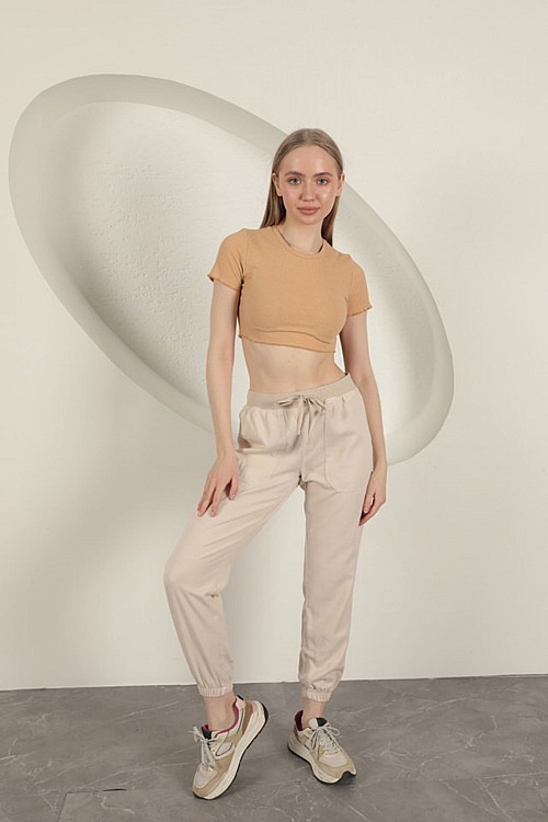 Gabardin Kumaş Paçası Lastikli Kadın Pantolon-Taş
