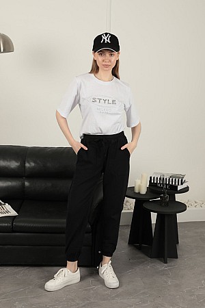 Gabardin Kumaş Paçası Lastikli Kadın Pantolon-Siyah