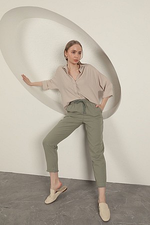 Gabardin Kumaş Püsküllü Kadın Pantolon-Haki