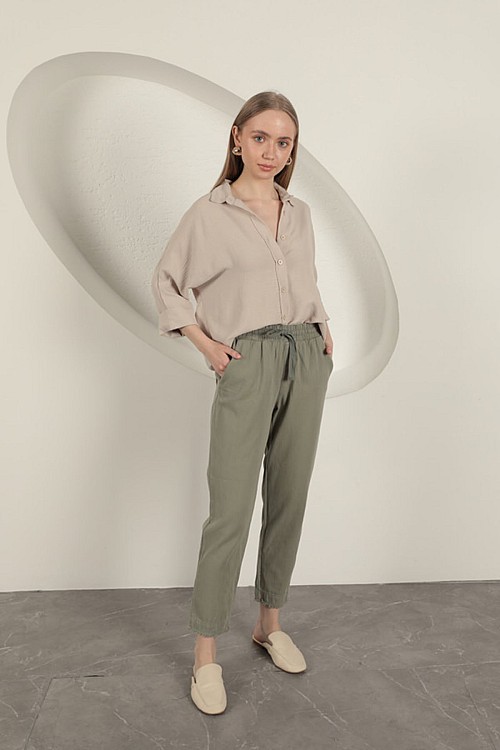 Gabardin Kumaş Püsküllü Kadın Pantolon-Haki