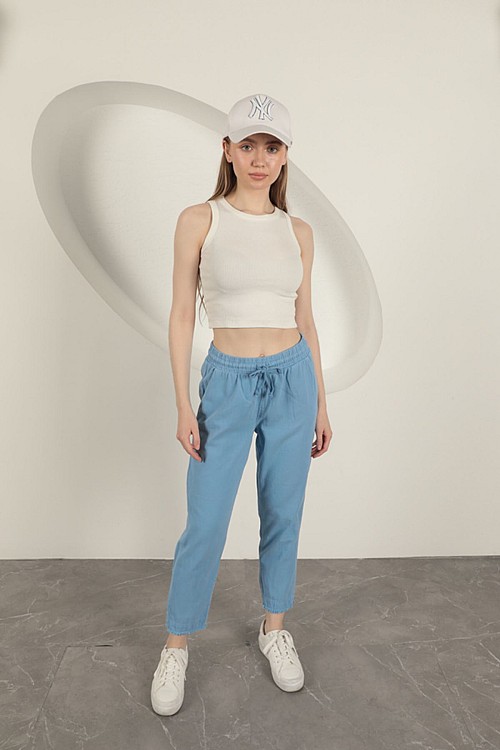 Gabardin Kumaş Püsküllü Kadın Pantolon-Mavi