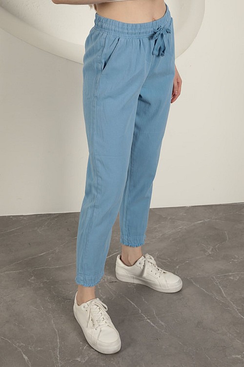 Gabardin Kumaş Püsküllü Kadın Pantolon-Mavi