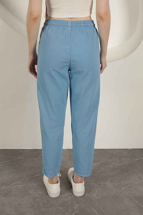 Gabardin Kumaş Püsküllü Kadın Pantolon-Mavi