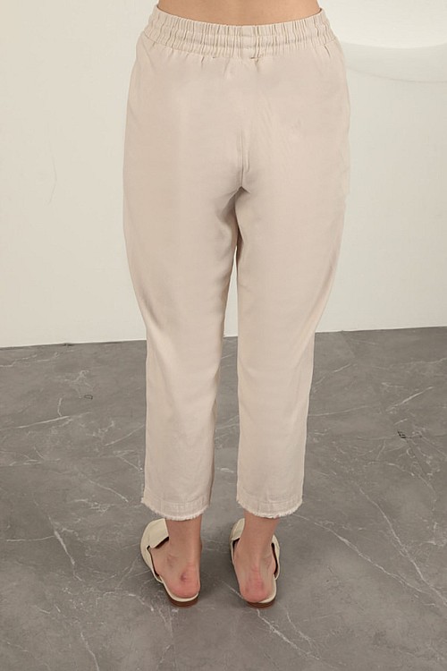 Gabardin Kumaş Püsküllü Kadın Pantolon-Taş