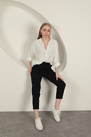 Gabardin Kumaş Püsküllü Kadın Pantolon-Siyah