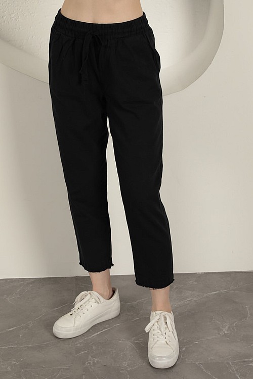 Gabardin Kumaş Püsküllü Kadın Pantolon-Siyah