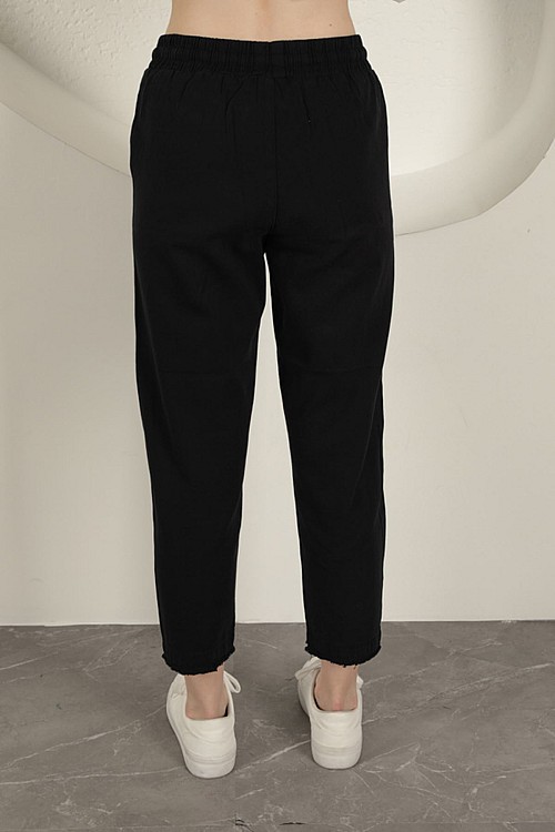 Gabardin Kumaş Püsküllü Kadın Pantolon-Siyah