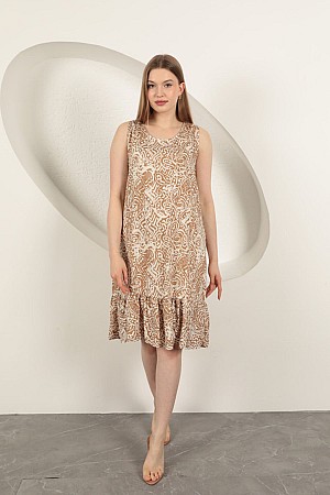 Viscose Patterned Dress-Beige