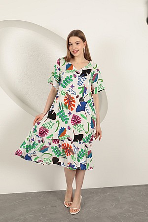 Viscose Leaf Pattern Dress-Ecru