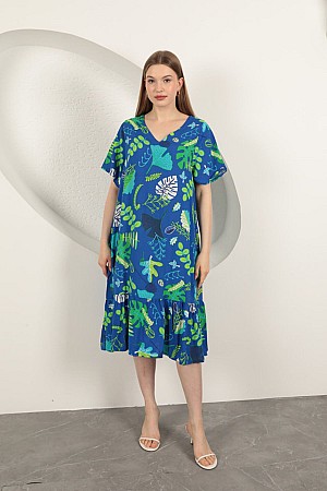 Viscose Leaf Pattern Dress-Sax
