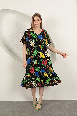 Viscose Leaf Pattern Dress-Black