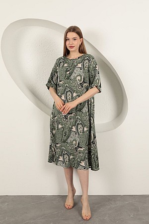 Viscose Shawl Patterned Dress-Khaki