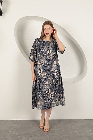 Viscose Shawl Patterned Dress-Navy Blue