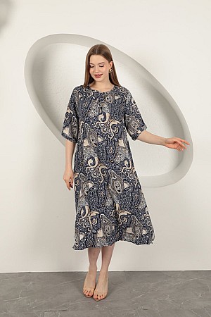 Viscose Shawl Patterned Dress-Navy Blue