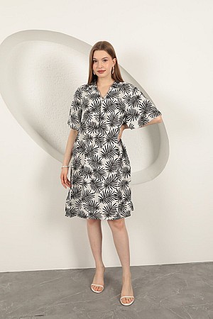 Viscose Palm Patterned Dress-Ecru
