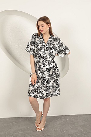 Viscose Palm Patterned Dress-Ecru