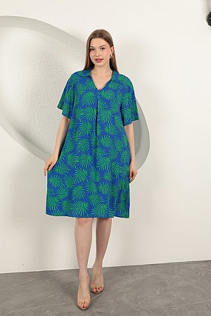 Viscose Palm Patterned Dress-Sax/Green