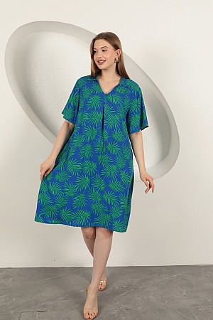 Viscose Palm Patterned Dress-Sax/Green