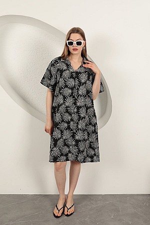 Viscose Palm Patterned Dress-Black