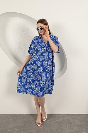 Viscose Palm Patterned Dress-Sax