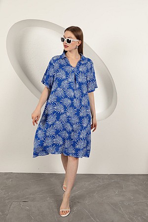Viscose Palm Patterned Dress-Sax