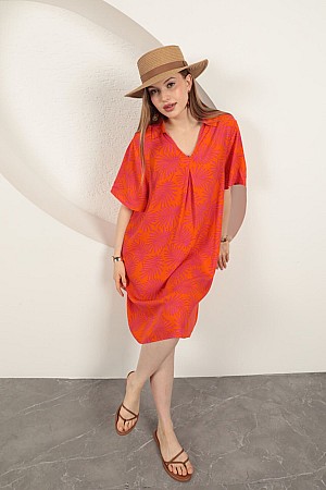 Viscose Palm Patterned Dress-Orange