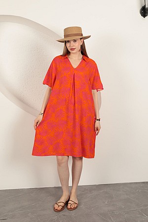 Viscose Palm Patterned Dress-Orange