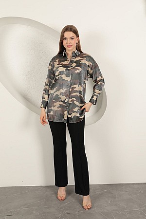 Shiny Fabric Women&#39;s Camouflage Pattern Shirt-Khaki