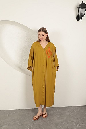 Viscose Left Key Embroidered Dress-Mustard