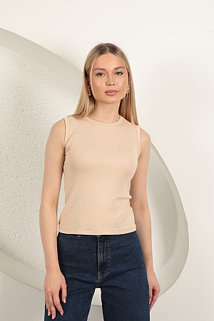 Çilek Viskon Kumaş Basic Bluz-Bej