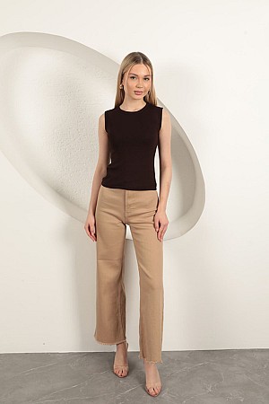 Çilek Viskon Kumaş Basic Bluz-Kahve
