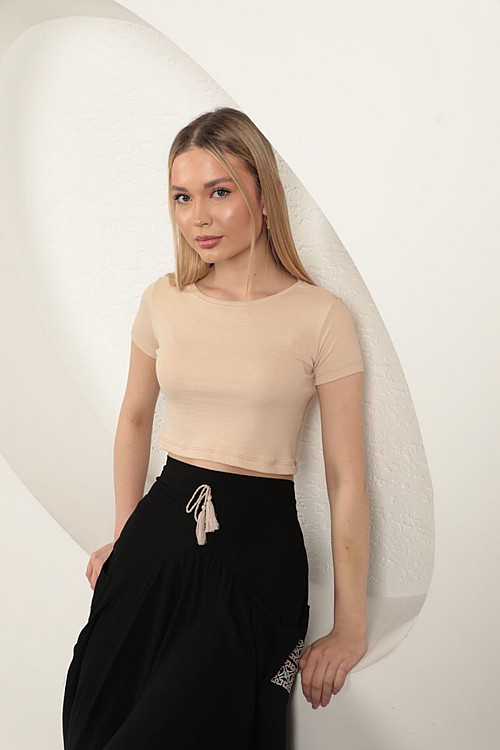 Çilek Viskon Kumaş Basic Crop-Bej