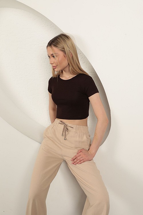 Çilek Viskon Kumaş Basic Crop-Kahve