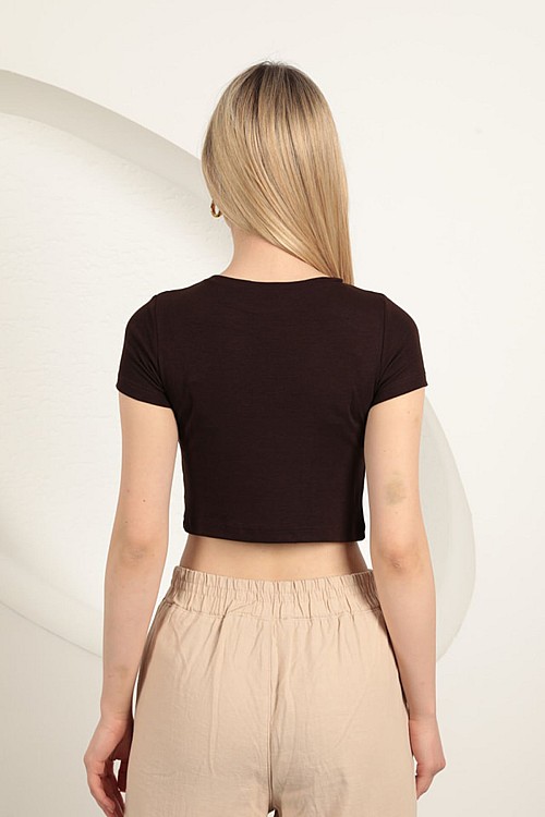 Çilek Viskon Kumaş Basic Crop-Kahve