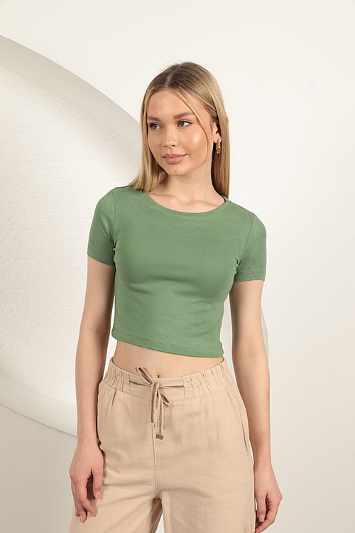 Çilek Viskon Kumaş Basic Crop-Haki