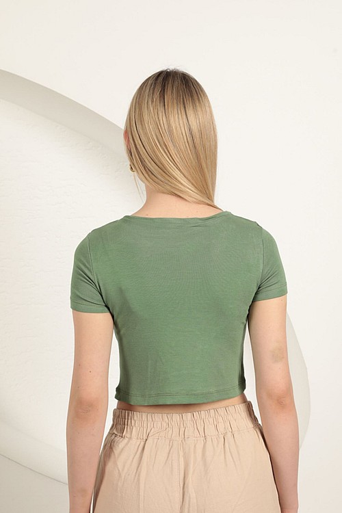 Çilek Viskon Kumaş Basic Crop-Haki