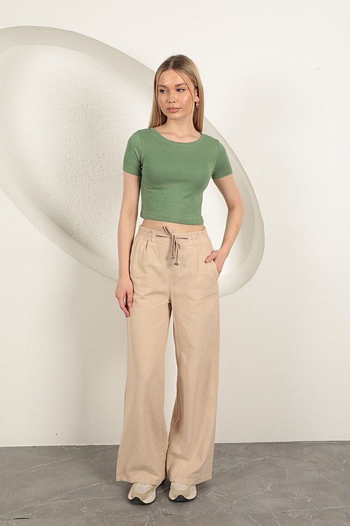 Çilek Viskon Kumaş Basic Crop-Haki