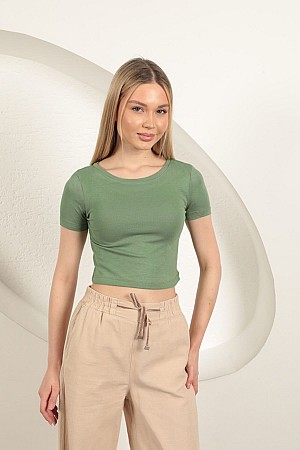 Çilek Viskon Kumaş Basic Crop-Haki