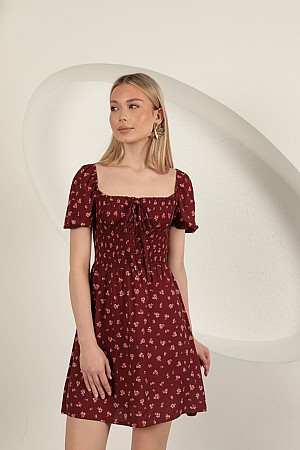 Sırtı Bağlamalı Çiçek Desen Elbise-Bordo