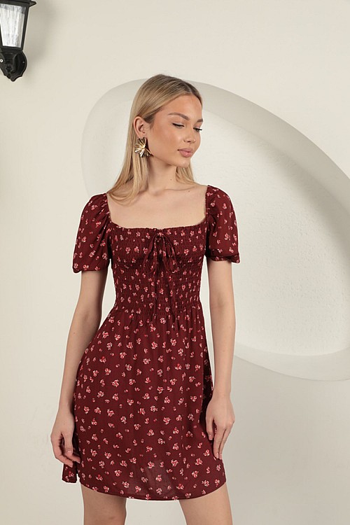 Sırtı Bağlamalı Çiçek Desen Elbise-Bordo