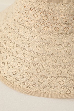 Straw Lace Detailed Visor Hat-Beige