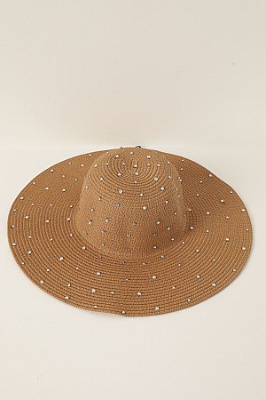Women&#39;s Wide Straw Hat with Stones-Camel