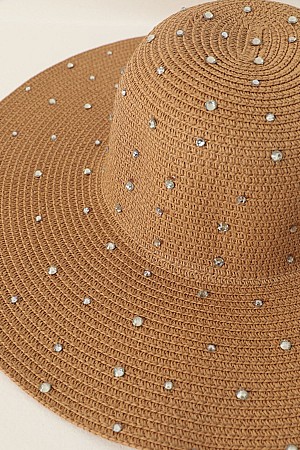 Women&#39;s Wide Straw Hat with Stones-Camel