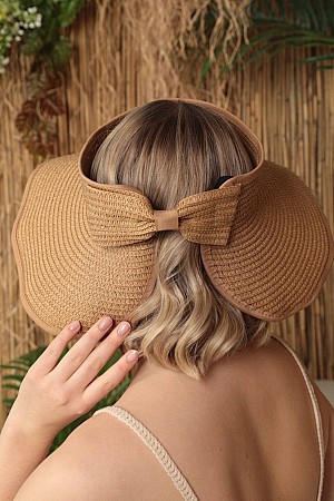 Straw Bow Detailed Visor Hat-Camel