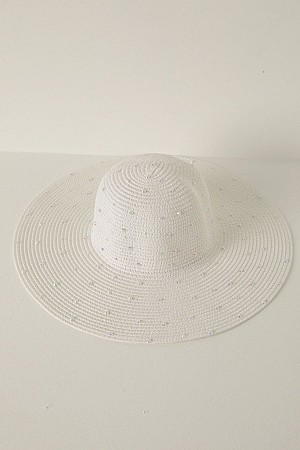 Women&#39;s Wide Straw Hat with Stones-White