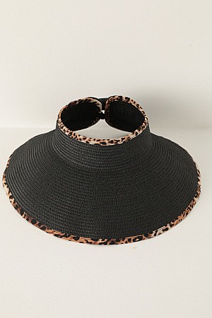 Straw Leopard Detailed Visor Hat-Black