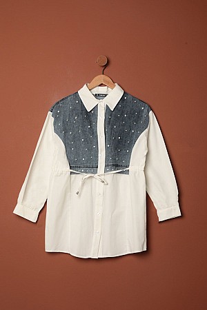 Poplin Fabric Pearl Detailed Ecru Women&#39;s Shirt