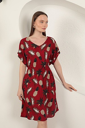 Viscose Pineapple Patterned Dress-Red