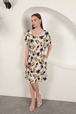 Viscose Pineapple Patterned Dress-Ecru