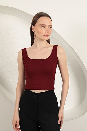 Çilek Viskon Kumaş Askılı Crop-Bordo